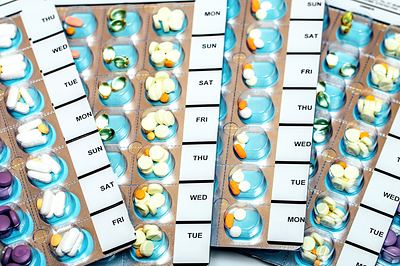 Multi-dose blister packs with medications sorted by day of the week