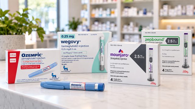 Boxes of Ozempic, Wegovy, Mounjaro and Zepbound pens on the pharmacy counter