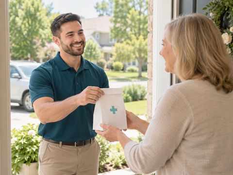 A pharmacy delivery driver handing a prescription bag to a customer at her front door