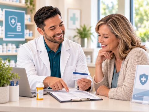 Pharmacy staff helping a customer understand their insurance coverage